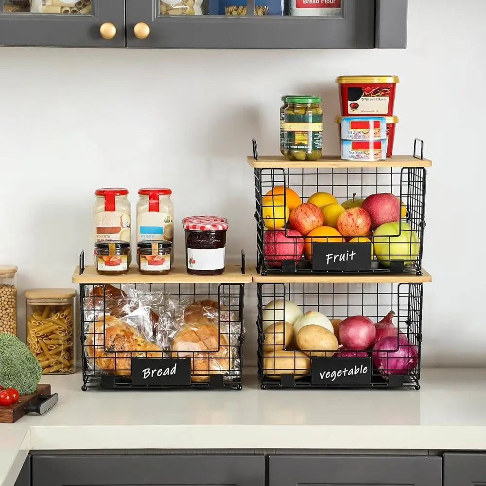 2 Set Stackable Wire Basket with Bamboo Top