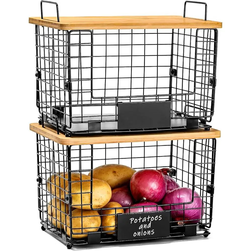 2 Set Stackable Wire Basket with Bamboo Top