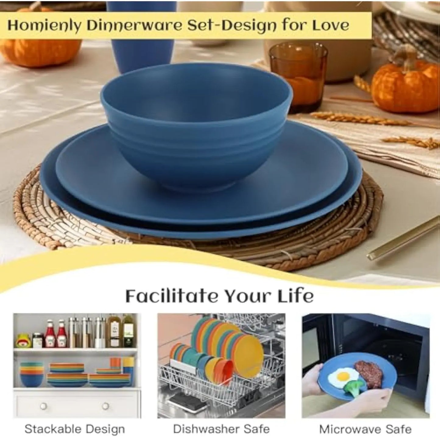 40-Piece Kitchen Plastic Wheat Straw Dinnerware Set For 8
