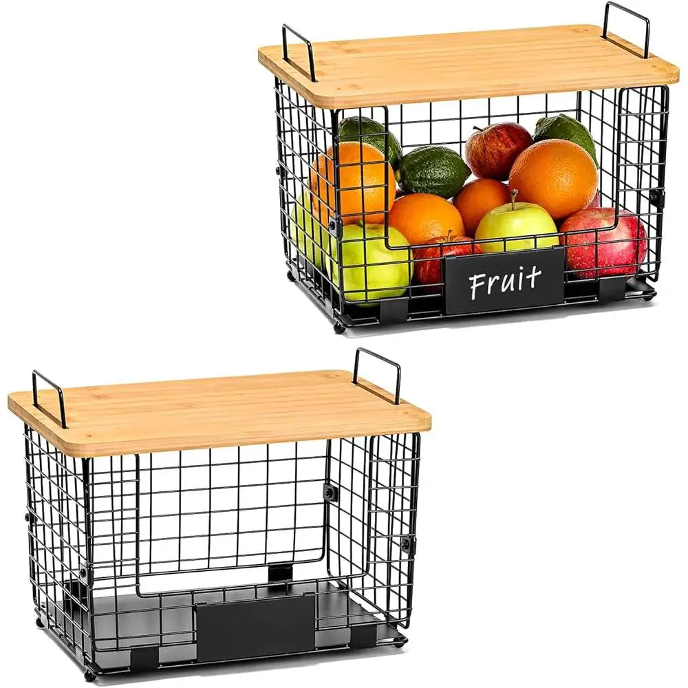 2 Set Stackable Wire Basket with Bamboo Top
