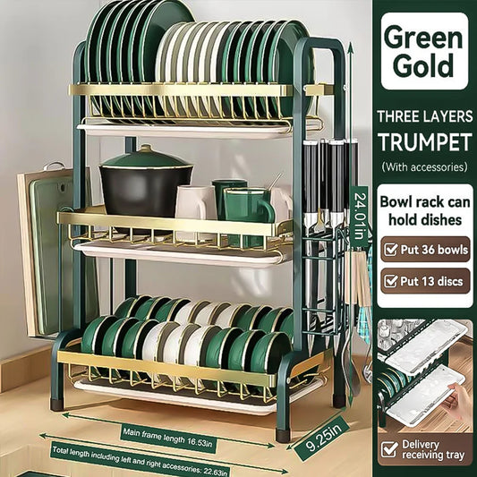 3 Tier Dish Rack Large Capacity Carbon Steel Dish Rack