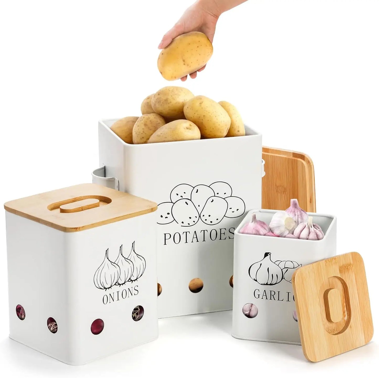 Metal Onion Garlic Potato Jars Set