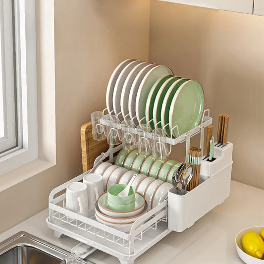 2 Tier Dish Drying Rack with Automatic Drainer