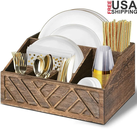 Wooden Paper Plate Dispenser Utensil Caddy
