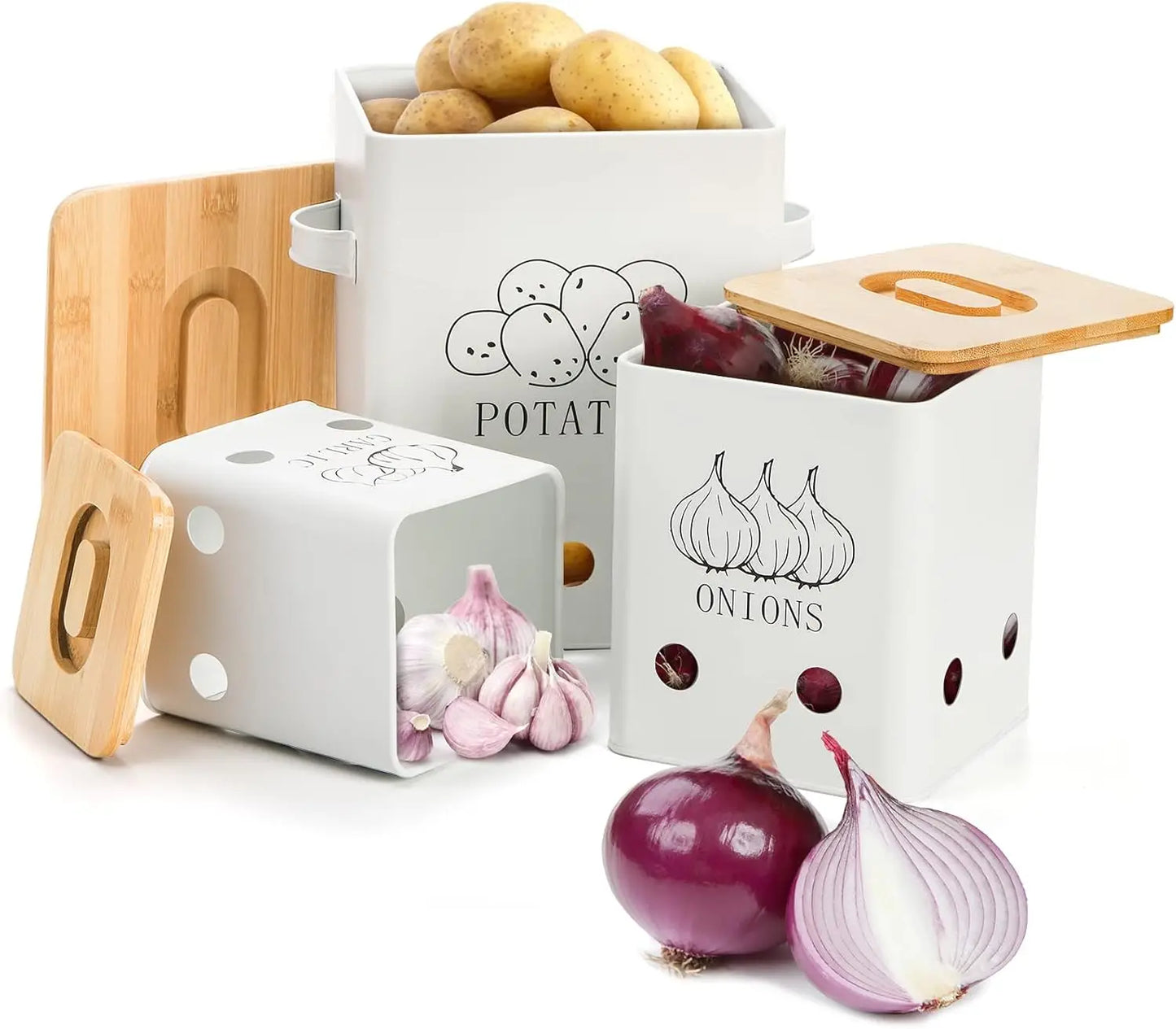 Metal Onion Garlic Potato Jars Set