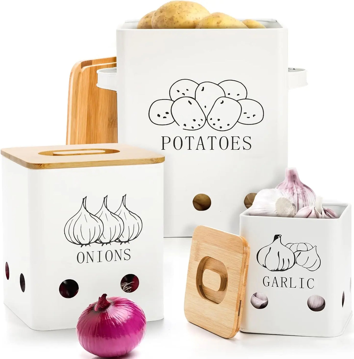 Metal Onion Garlic Potato Jars Set