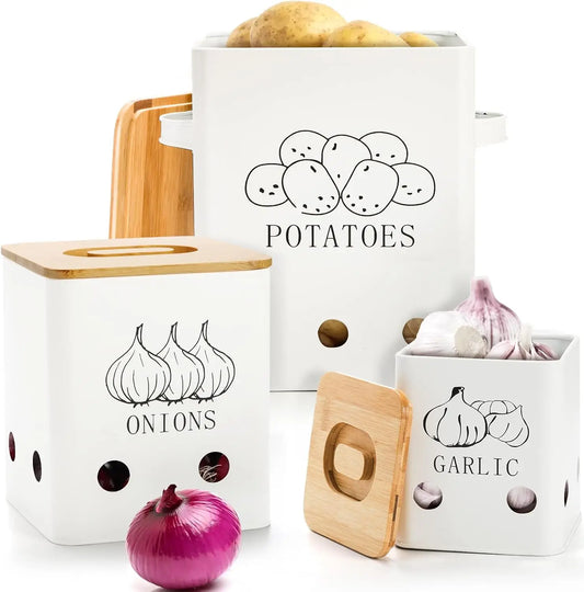 Metal Onion Garlic Potato Jars Set