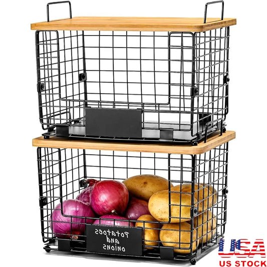 2 Set Stackable Wire Basket with Bamboo Top