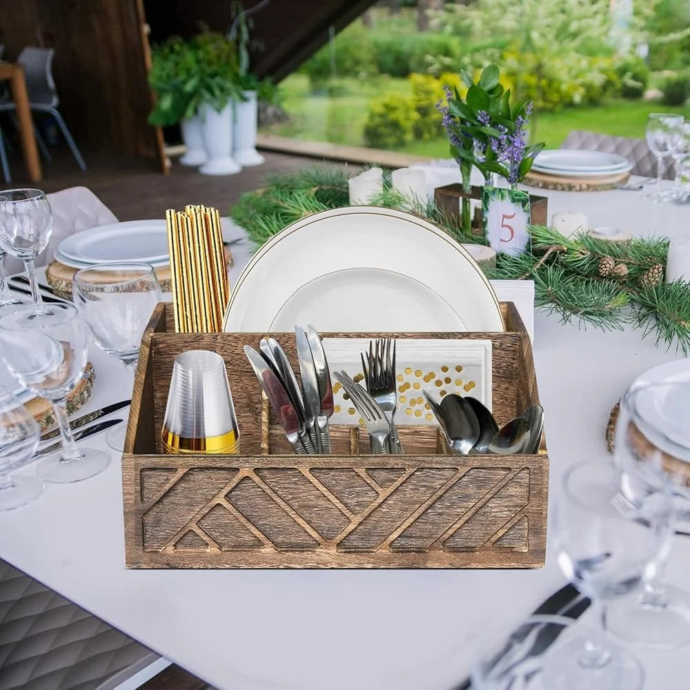 Wooden Paper Plate Dispenser Utensil Caddy