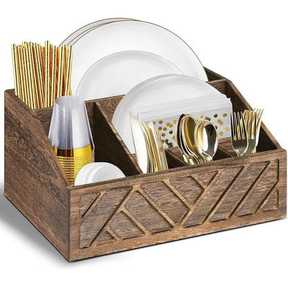 Wooden Paper Plate Dispenser Utensil Caddy
