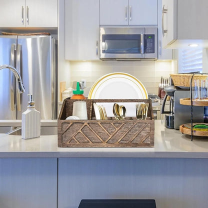 Wooden Paper Plate Dispenser Utensil Caddy